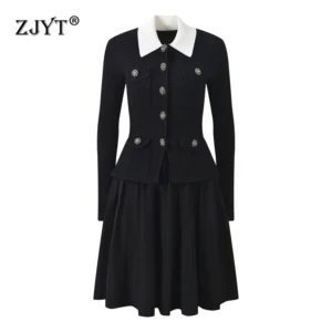 ZJYT Autumn Winter New Women Long Sleeve Sweater Dress Elegant Turn Down Collar Casual Knitted Dresses Black Female Vestidos
