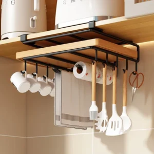 Under Cabinet Kitchen Organizer Rack with Hooks Multi-Purpose Storage Shelf for Paper Towel Cutting Board & Pot Lids