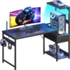 48 Inch Gaming Desk with Storage & LED Lights, Reversible Computer Desk with Display Shelves & Fabric Drawer, Modern Gamer