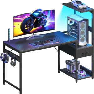 48 Inch Gaming Desk with Storage & LED Lights, Reversible Computer Desk with Display Shelves & Fabric Drawer, Modern Gamer
