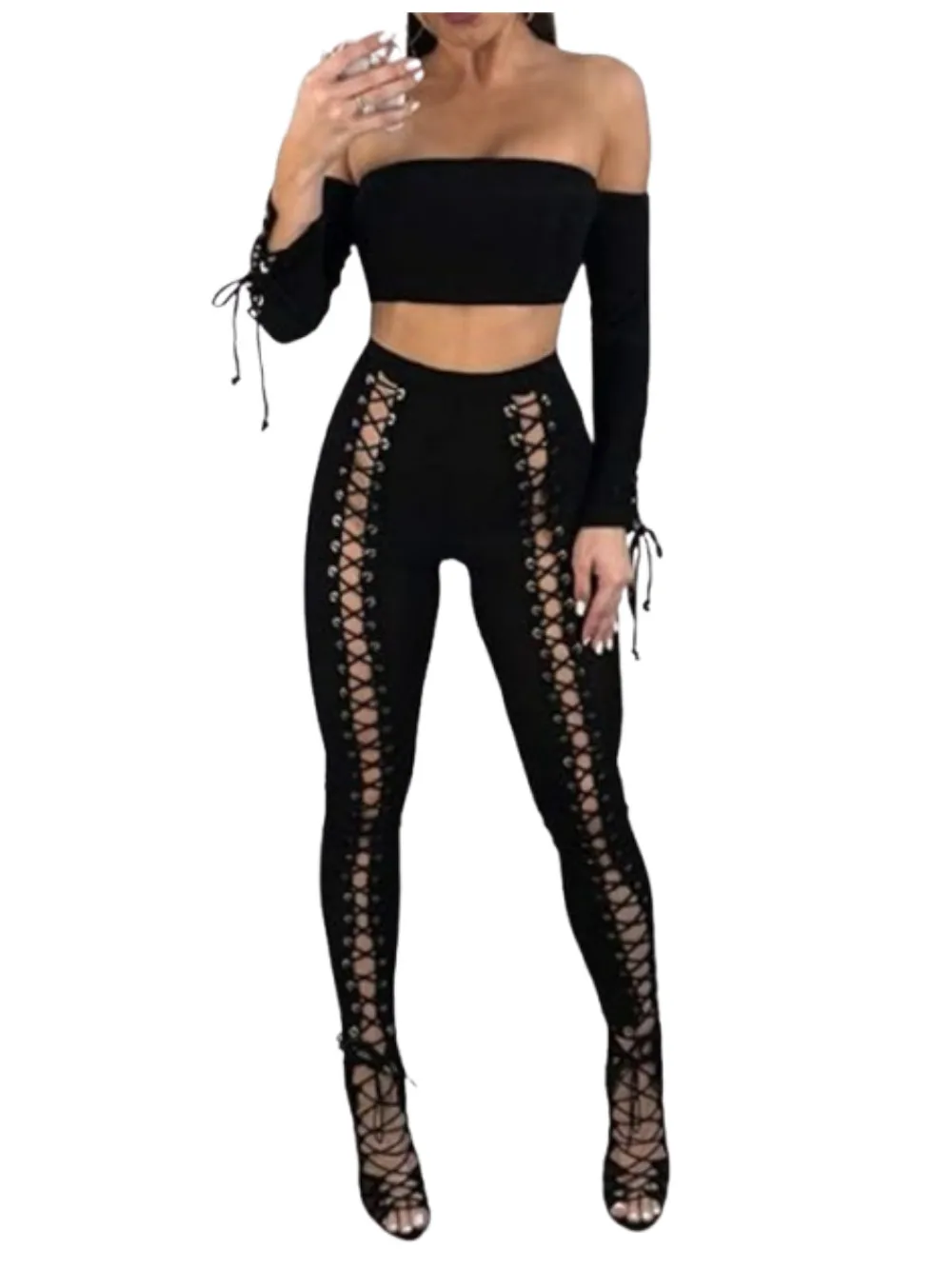 Fashion Bandage Hole Pants Women Street Chic Punk Cargo Pants Slimming Trousers Gym Trousers Club
