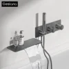 Minimalist Bathroom Gun Grey Brass Wall-Mounted Thermostatic Bath Faucet?Embedded Waterfall Spout&Anti-Scald Bath Mixer Tap