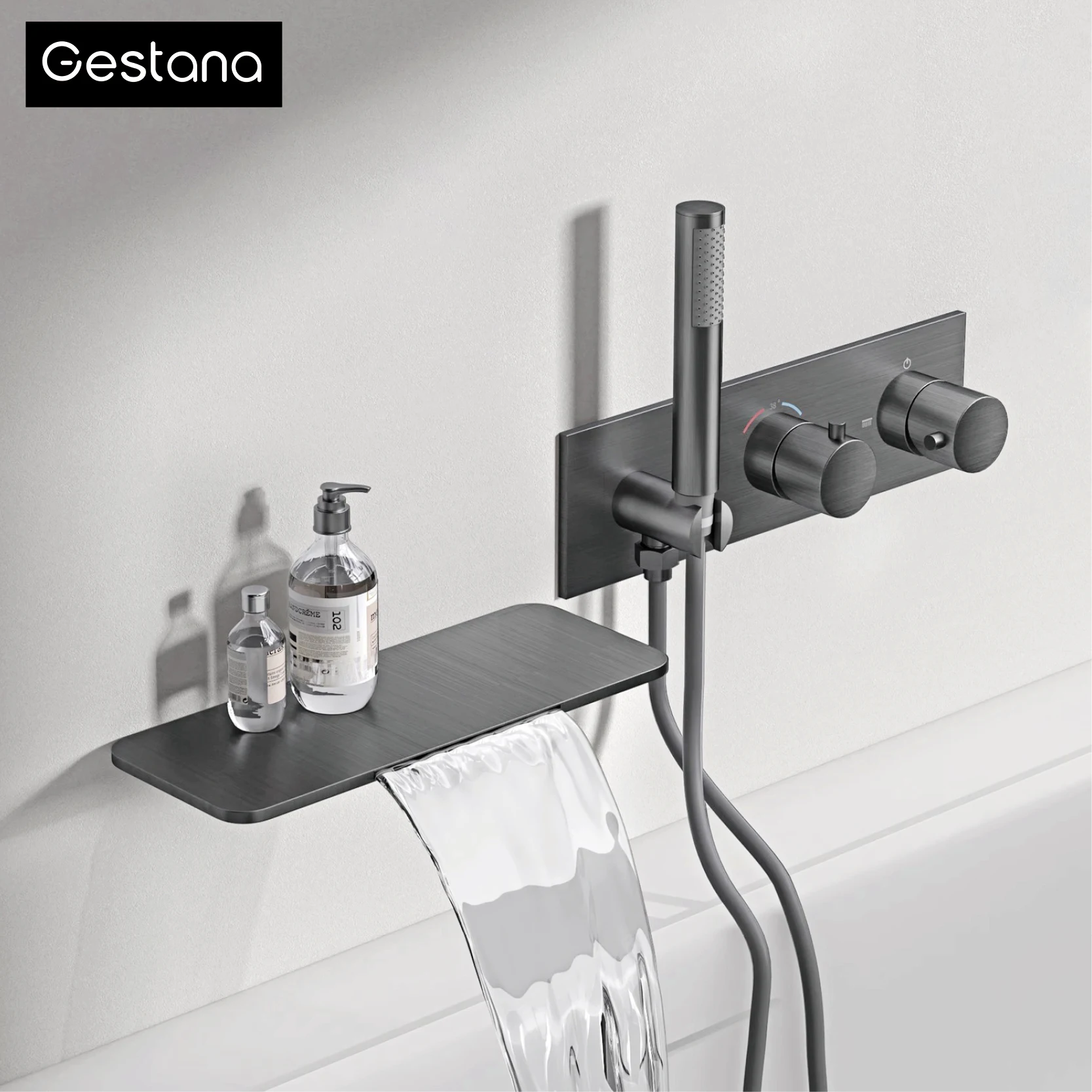 Minimalist Bathroom Gun Grey Brass Wall-Mounted Thermostatic Bath Faucet?Embedded Waterfall Spout&Anti-Scald Bath Mixer Tap