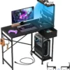33.7 Inch L-Shaped Gaming Desk with LED Lights, Power Outlets & Storage - Compact Corner PC Desk for Home Office