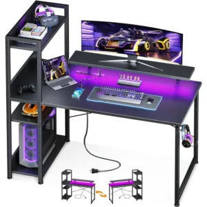 ODK 40 Inch Reversible Gaming Desk with LED Lights, Monitor Stand & Storage Shelves, Carbon Fiber Black Home Office Table