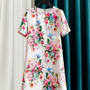Spring Floral Beaded Mini Dress for Women – Short Sleeve Crystal Embellished A-Line Summer Dress with 3D Flower Print
