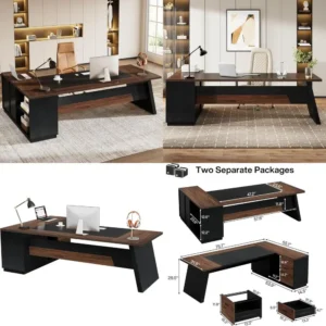 Large Walnut & Black L-Shaped Office Desk with Storage Cabinets and Shelves for Executive Use