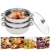 3 Tiers Stainless Steel Steamer 28cm Overlapping Steaming Pot Cookware Kitchen Soup Steamer Cooker Set Silver with Glass Lid