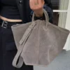Luxury Stylish Grey Green Large Capacity Hanger Shopper Tote Real Suede Cowhide Leather Female Shouder Bag