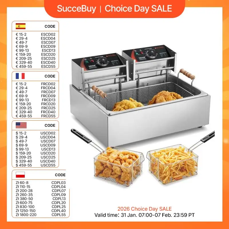 SucceBuy Commercial Deep Fryer 3000W Electric Turkey Fryer Large Capacity 18Qt / 17L Stainless Steel Countertop Single Oil Fryer