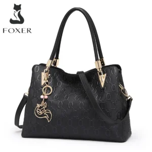 FOXER Elegant Mom Bag Cowhide Leather Women's Large Capacity Tote Bag with Pendant Versatile Commuter Handbag for Work & Daily