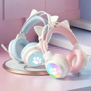 Wired PC Gaming Headset Detachable Glowing Cat Ears Macaron Color Noise Reduction Deep Bass Universal for Desktops Laptops
