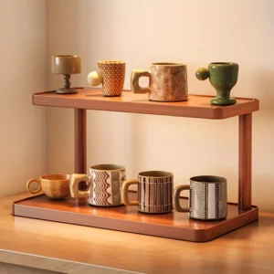 Versatile 2-Tier Wooden Storage Rack for Kitchen & Tea Room - Countertop Organizer with Decorative Handles, Ideal for Spices