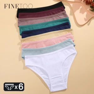 FINETOO 6PCS/SET Women's Cotton Panties Sexy Soft Striped Underpants Solid Color Briefs Female Comfortable Stretch Lingerie M-XL