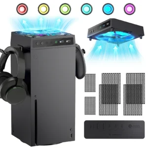 The Xbox series X with dust-proof fans features colorful light strips, dust cover filters, 3-speed low-noise top fans, coolers