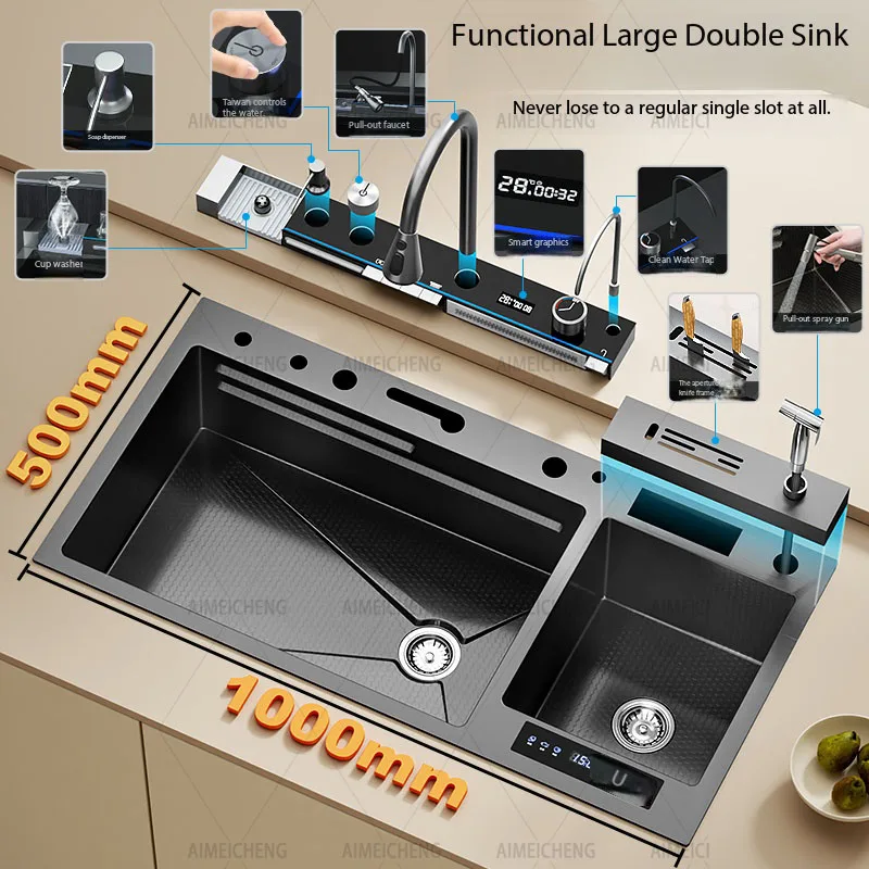 SUS304 Household Multi-functional Double Bowl Smart Sink, Water Catalysis Pesticide Residue Removal for Fruits & Veggies