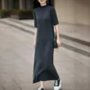 100% Wool Five-Quarter Sleeve Half High Collar Long Dress Women Solid Color Knitted Dress Spring Summer Inner Wear Loose Dress