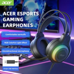 Acer OHW303 Headsets Gamer 7.1 Stereo Virtual Surround Bass Earphone LED Light Gaming Headphone for Computer PC Gamer with Mic