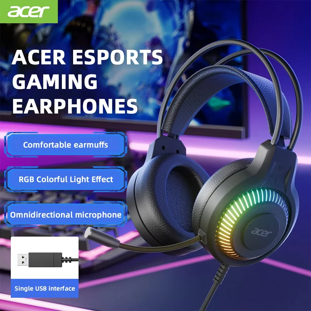 Acer OHW303 Headsets Gamer 7.1 Stereo Virtual Surround Bass Earphone LED Light Gaming Headphone for Computer PC Gamer with Mic